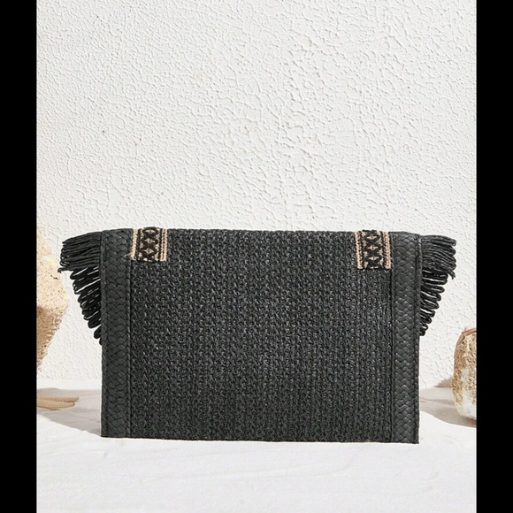 Dual-Color Straw Woven Fringe Clutch Purse - Picture 10 of 12